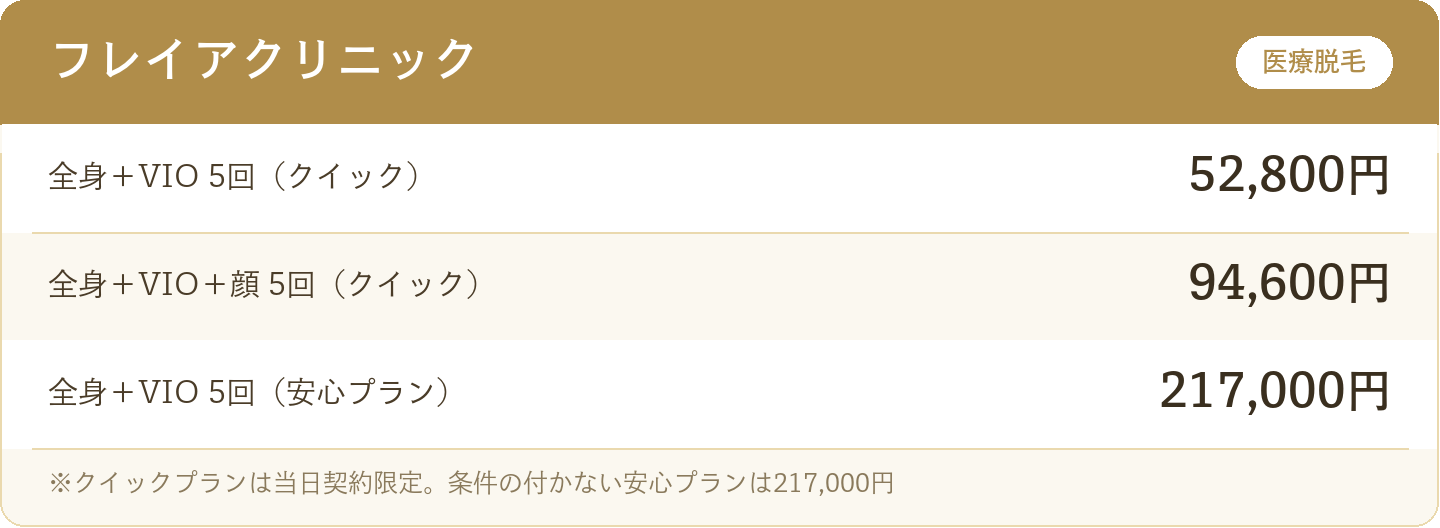 フレイアクリニックの脱毛料金（全身＋VIO 5回52,800円ほか）