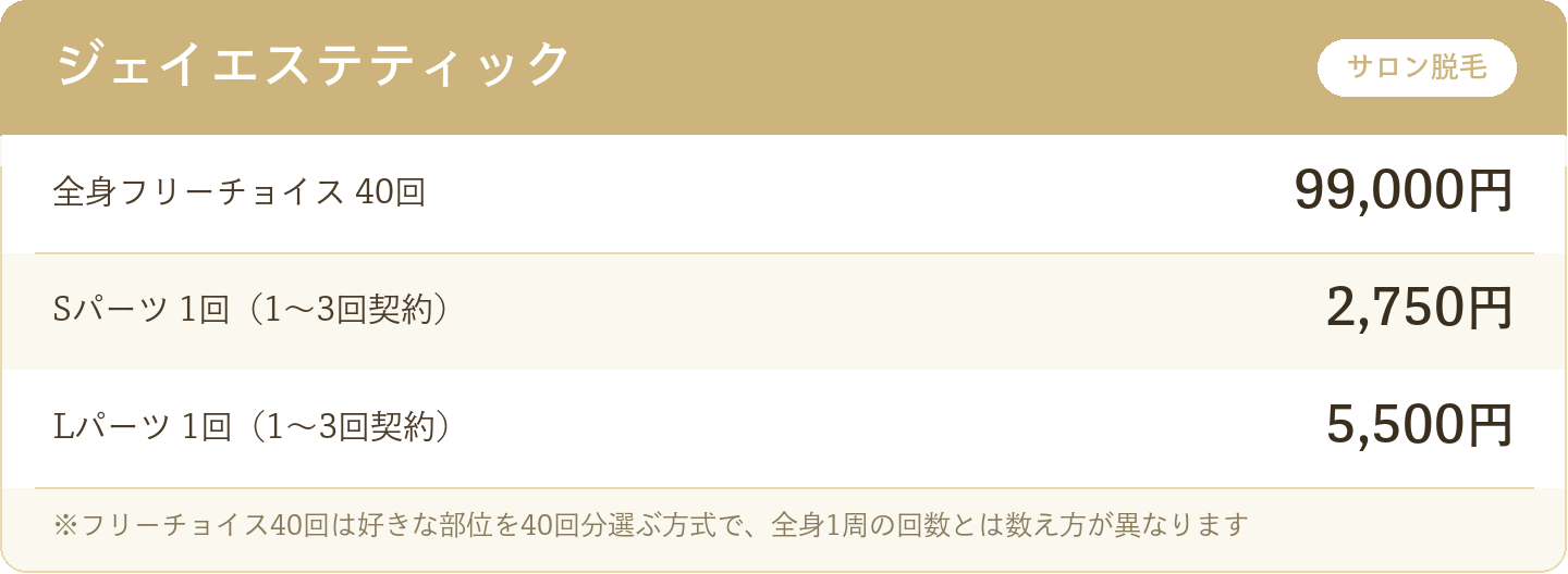 ジェイエステティックの脱毛料金（全身フリーチョイス40回99,000円ほか）