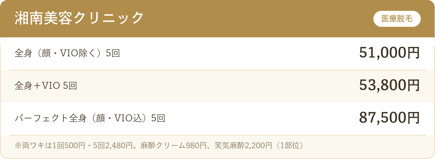 湘南美容クリニックの脱毛料金（全身＋VIO 5回53,800円ほか）